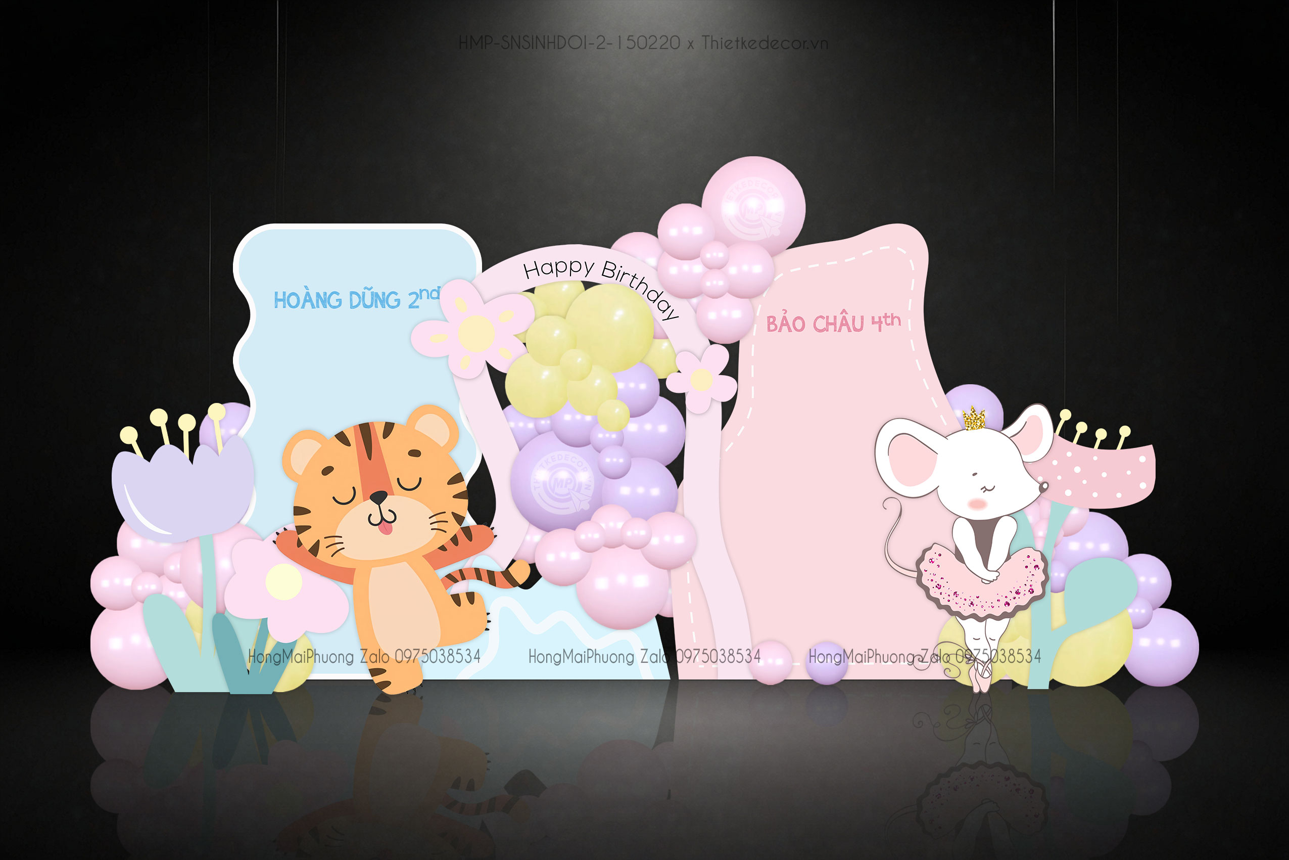 Sinh nhật sinh đôi 2 bé trai và gái tone xanh và hồng, tuổi dần và tý